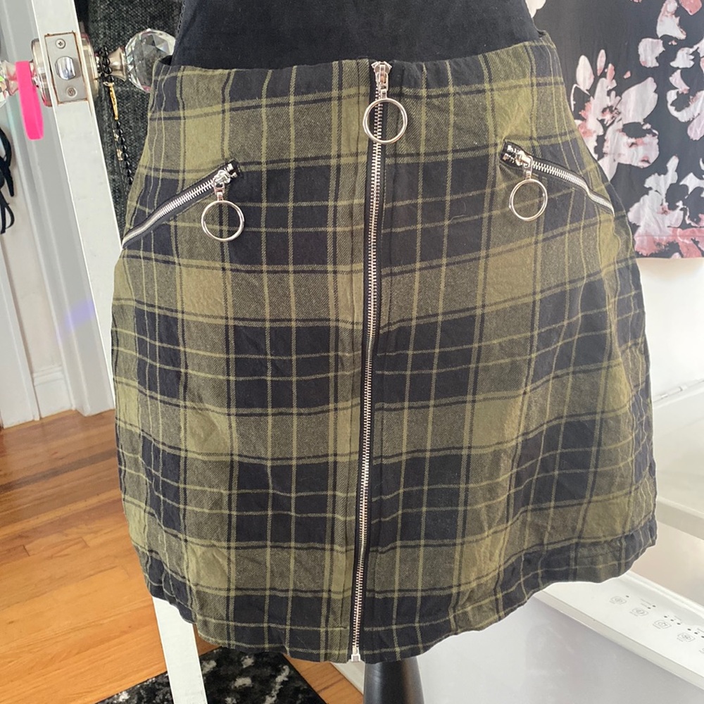 Factorie Zip Up Green Plaid Mini Skirt